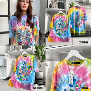 สินค้าพร้อมส่ง เสื้อมัดย้อมสีรุ้ง  🌈สกรีนลายแคร์แบร์ แบบคุณแม่ชมพู่ใส่   งานOversize ✅ของแท้100%