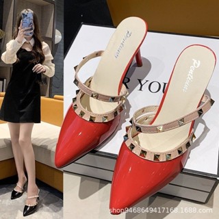 เช็คของก่อนสั่ง สูง 3 นิ้ว รองเท้า Valentino รองเท้าส้นสูงทรงสวม ส้นสูงเปิดส้น