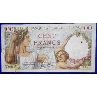 แบงก์​ฝรั่งเศส​ France, 100 Francs,  B894T, ใช้แล้ว