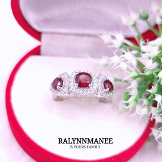 G6429 แหวนพลอยโกเมนแท้ ( Garnet ) ตัวเรือนเงินแท้ 925 ชุบทองคำขาว มีไซส์ 53 แก้ไซส์ฟรี