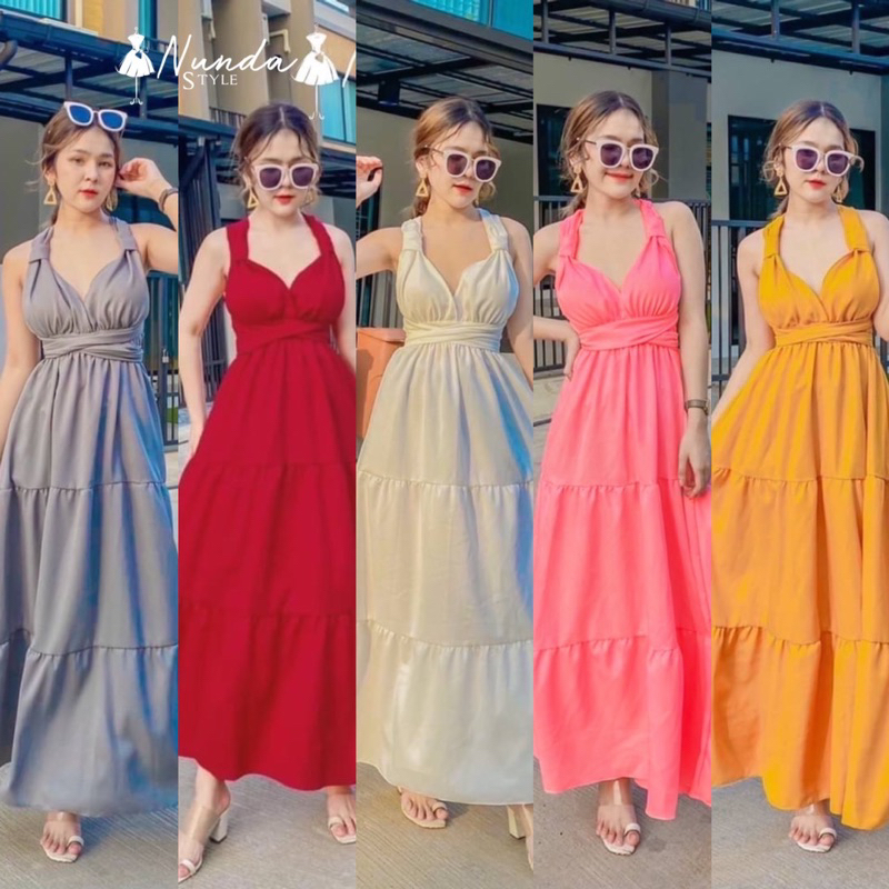 >>Maxxi Dress เดรสยาวคล้องคอผูกโบว์ ผ้าโฟร์ฟร์เวย์สีพื้น เอวสม็อคหลัง งานสวยสวิงพริ้วๆ