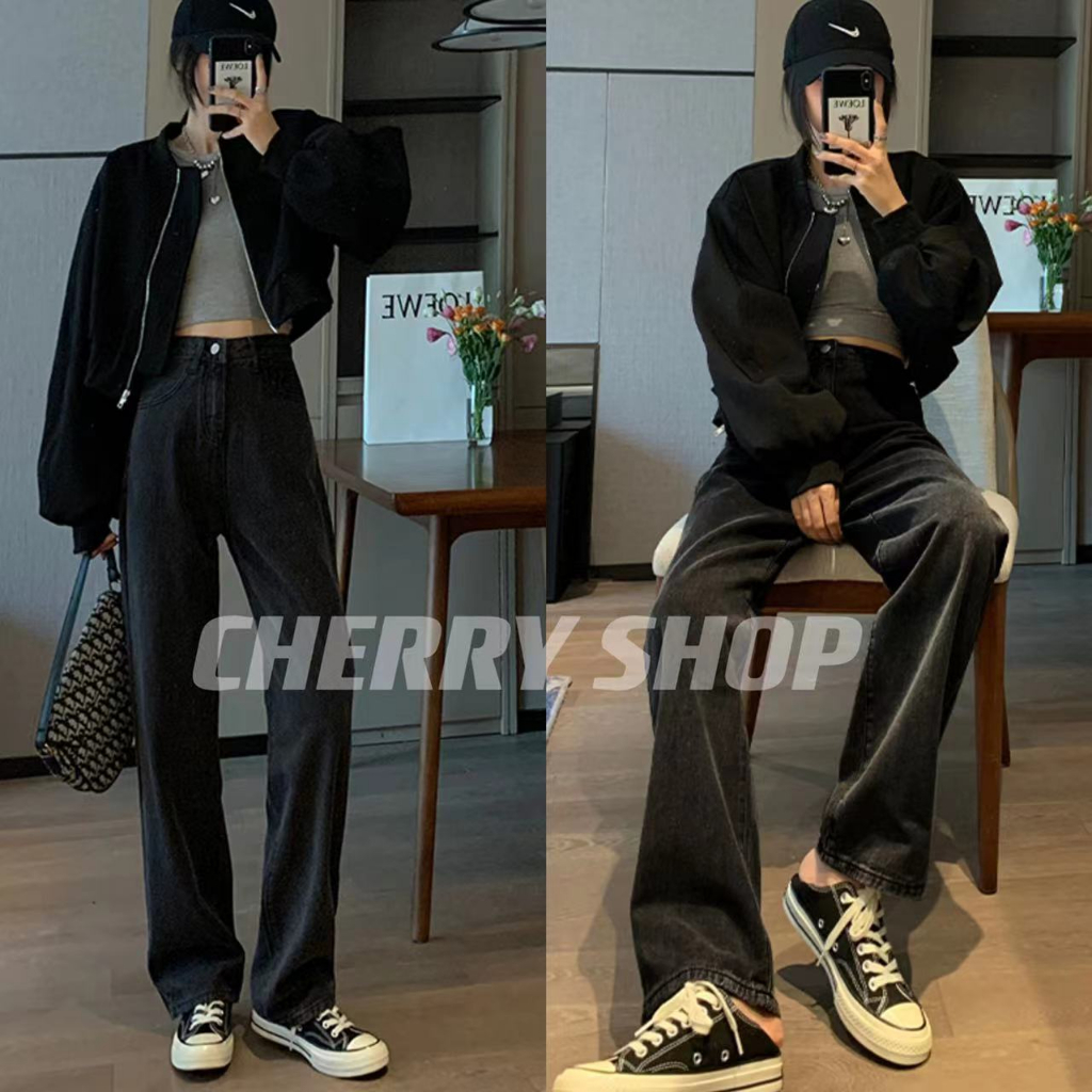 cherryshop พร้อมส่ง กางเกงยีนส์ กางเกงยีนส์ขากว้างเอวสูงสีดำผู้หญิง ทรงตรง หลวม ทรงเข้ารูป