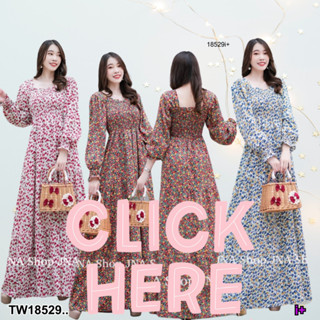 TwinsShopVip💗พร้อมส่ง TW18529 เดรสยาวสม๊อคอกลายดอกเล็ก ..