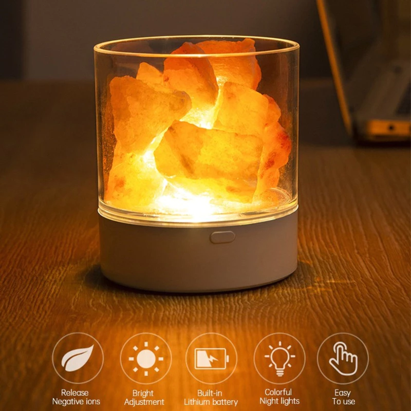 ไฟกลางคืนห้องนอน โคมไฟเกลือคริสตัลหิมาลัยเกลือหินที่มีสีสันโคมไฟ Usb บนโต๊ะชาร์จตกแต่งห้องไฟกลางคืนแสง ไฟข้างเตียง โคมไฟ