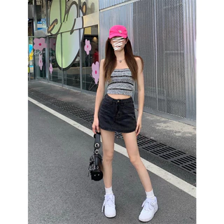 Cicishop(829)กระโปรงกางเกงยีนส์สั้นเอวสูง ทรงคลาสิค เก็บทรงสวยเป๊ะดีงามสไตล์เกาหลี