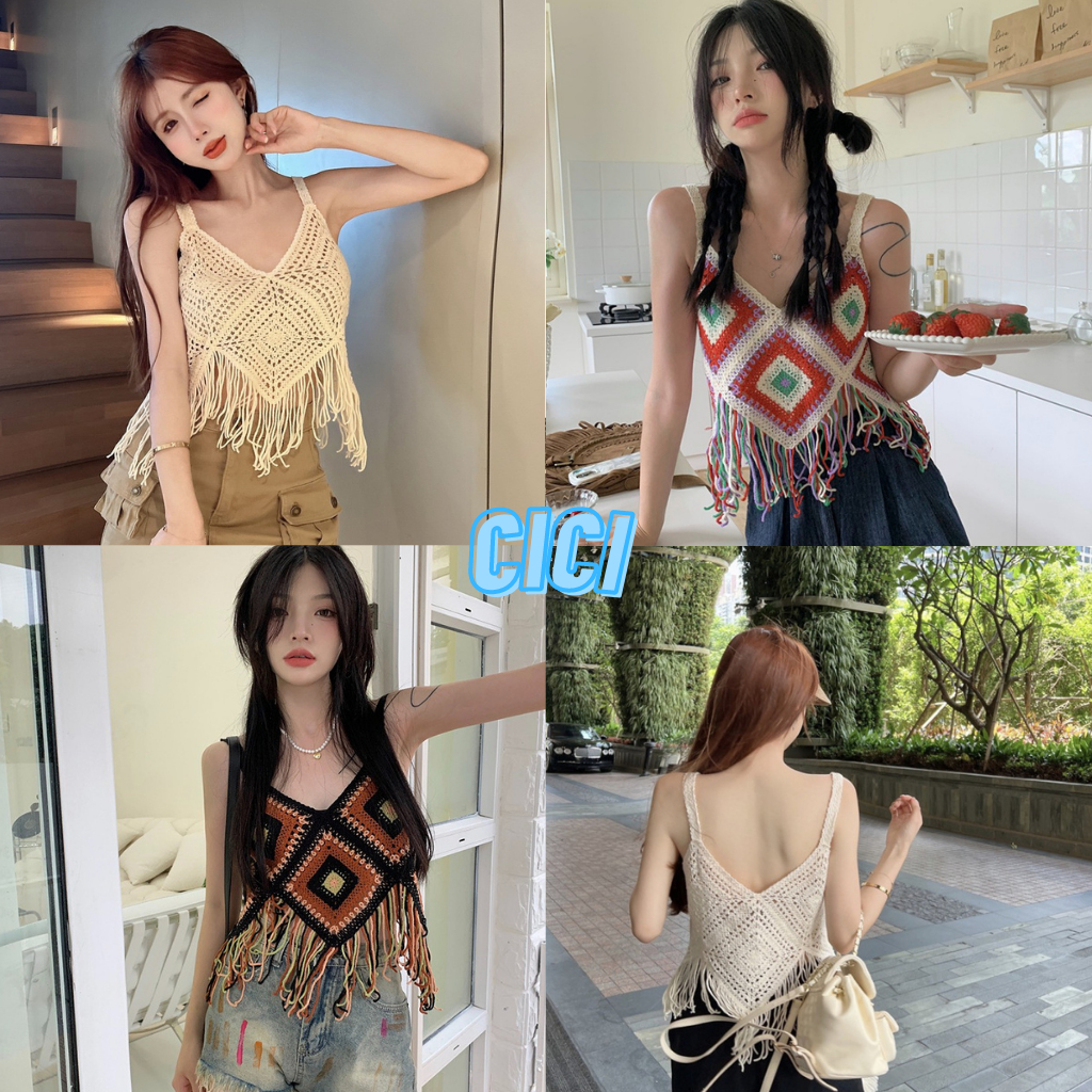 ส่งทันที Cici(NO. Q21)สายเดี่ยวไหมพรมถัก ดีเทลข้าวหลามตัด แต่งชายพู่ พร้อมท้าลมร้อนซัมเมอร์นี้