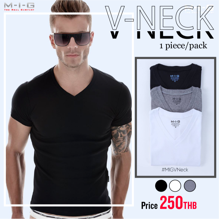 M-I-G V Neck เสื้อยืดคอวีแขนสั้น เสื้อผู้ชาย ผ้านุ่ม ระบายอากาศ ใส่สบาย ลำลอง ทุกวัน