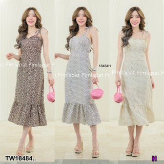 TT18484 เดรสสายเดี่ยวผูกไหล่ลายดอกไม้ .One-shoulder dress with floral pattern..