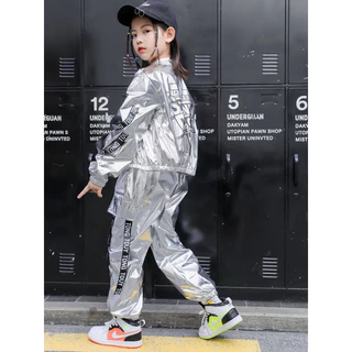 (ส่งจากไทย เร็ว1-2วัน) ชุดhip hop เด็กแขนยาวขายาว มีฮู้ด ซิปหน้าสีเงิน