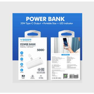 POWER BANK 5000 mAh + 20W Lightning/Type-c  Output VEGER (P5-L)