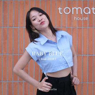 Anyrose.corlin - เสื้อเชิ้ตครอปแขนสั้น CROP SHIRT สีครามอ่อน (BABY BLUE) ทรงสวย มีตัวล็อคยางยืดชายเสื้อ