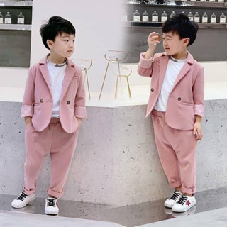ชุดเซตออกงาน 2 ชิ้น สูท+กางเกง สีชมพูอ่อน (80-140)