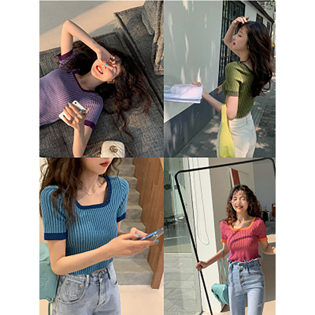 PBB58005 เสื้อครอปผ้าไหมน้ำแข็งไหมพรมคอเหลี่ยมแขนสั้นผู้หญิง เสื้อสวมหัวกระดูกไหปลาร้าที่เปิดเผยเซ็ก