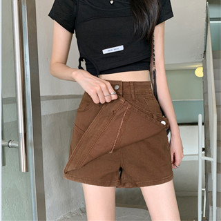 สไตล์เกาหลีเอวสูงยีนส์ Skort Retro ลําลองบางเกาหลีกระโปรง A-line