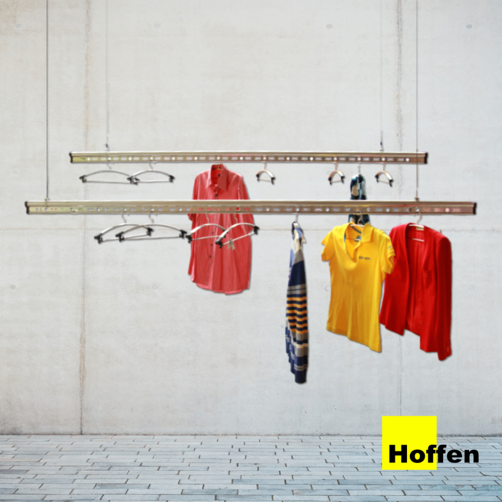 HOFFEN รางแขวนเสื้อคู่ ราวตากผ้า แบบยึดเพดาน เลื่อนเก็บได้ พับเก็บได้