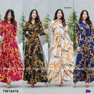 TT18478 เดรสยาว ปกเชิ้ต ลายโซ่ .Long dress, shirt collar, chain pattern..