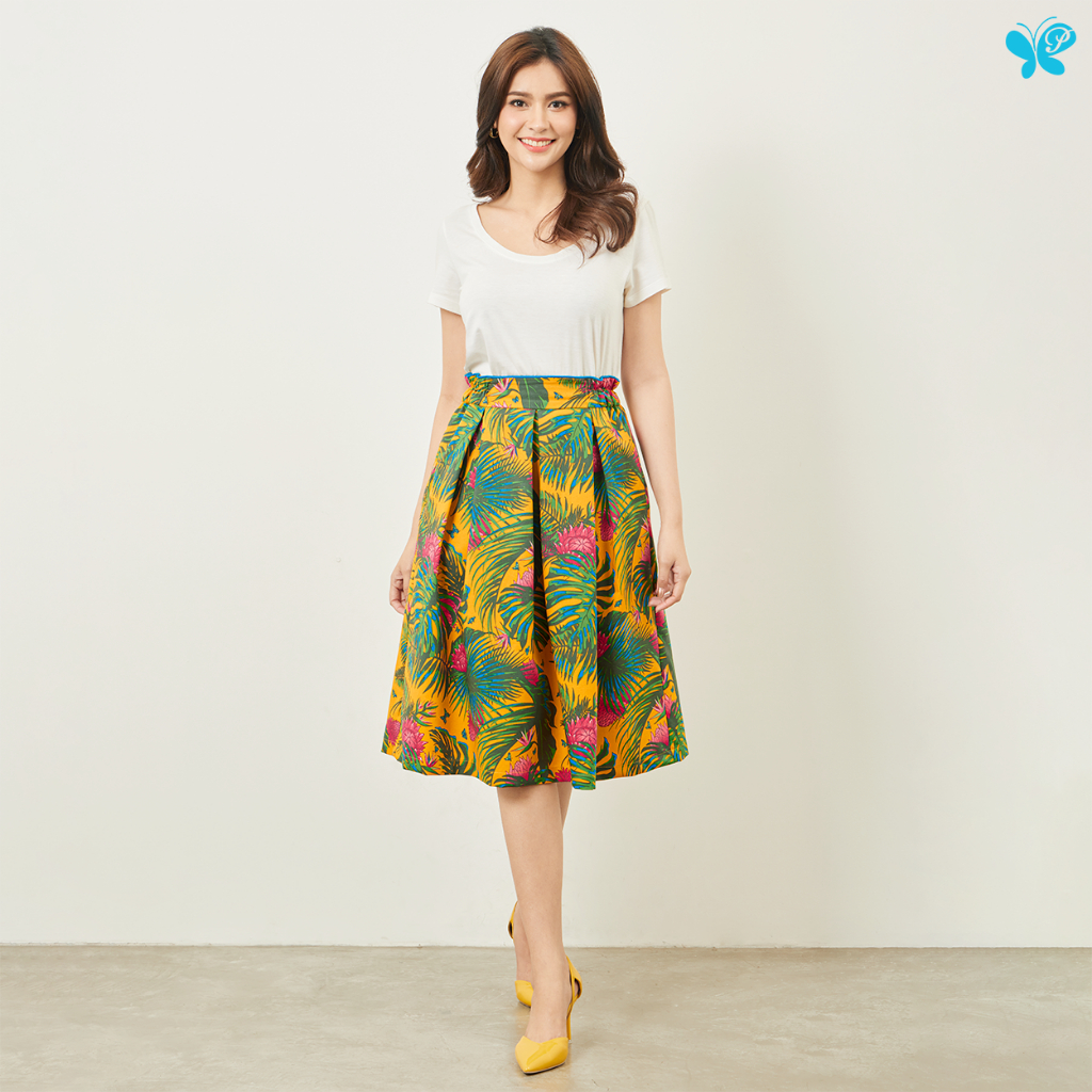 กระโปรงผู้หญิง [Papillon] Women Firework Skirt ผ้าCotton 100% เนื้อนุ่ม จีบทวิสต์รอบตัว กระเป๋าข้าง บุผ้ากาว-ลายดอกดาหลา