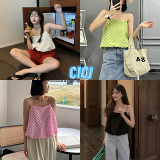 Cici(NO.J322)CropTop เสื้อสายเดี่ยวครอปผ้าเทกเจอร์ลาย ดีเทลสวยปังสไตล์เกาหลี