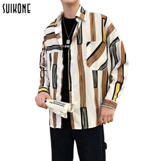 Suikone เสื้อเชิ้ตชายลายทางลำลองสไตล์ฮ่องกง ins style เสื้อเชิ้ตแขนยาวคู่รักเกาหลีแฟชั่นแบรนด์ดัง