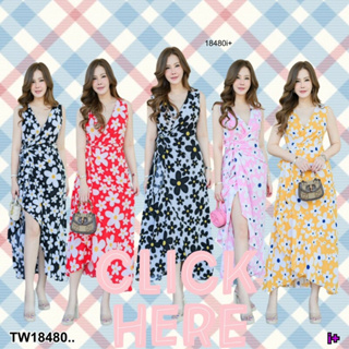 Bigsize Dress  #เดรสสาวอวบ คอวี แขนกุด ทรงป้ายผูกเอว ระบายชาย ลายดอกไม้ AP18480