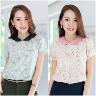 Narinari : NT2369 Scallop Collar Graphic Blouse - เสื้อทำงาน (ใช้โค้ด NARISP9 ลดทันที 65.- เมื่อช็อปครบ 500.-)