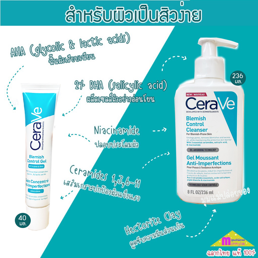 CERAVE BLEMISH CONTROL GEL บำรุงผิวหน้า / BLEMISH CONTROL CLEANSER เจลทำความสะอาดผิวหน้า เป็นสิวง่าย
