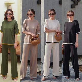 Knit Set ชุดเซ็ตไหมพรมทอขอบทูโทน เสื้อคอกลมแขนสั้น+กางเกงขายาวเก็บทรงสวย