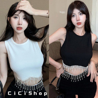 Cicishop(J319)เสื้อกล้ามคอกลม ผ้าร่องดีเทลแต่งชายเสื้แบบเก๋ๆ ใส่ง่าย แมทช์ง่าย