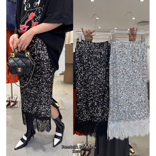 🇰🇷New🇰🇷  Korea sequins laced skirt กระโปรงยาววิ้งเลื่อม ดีเทลแต่งชายลูกไม้สุดหรู