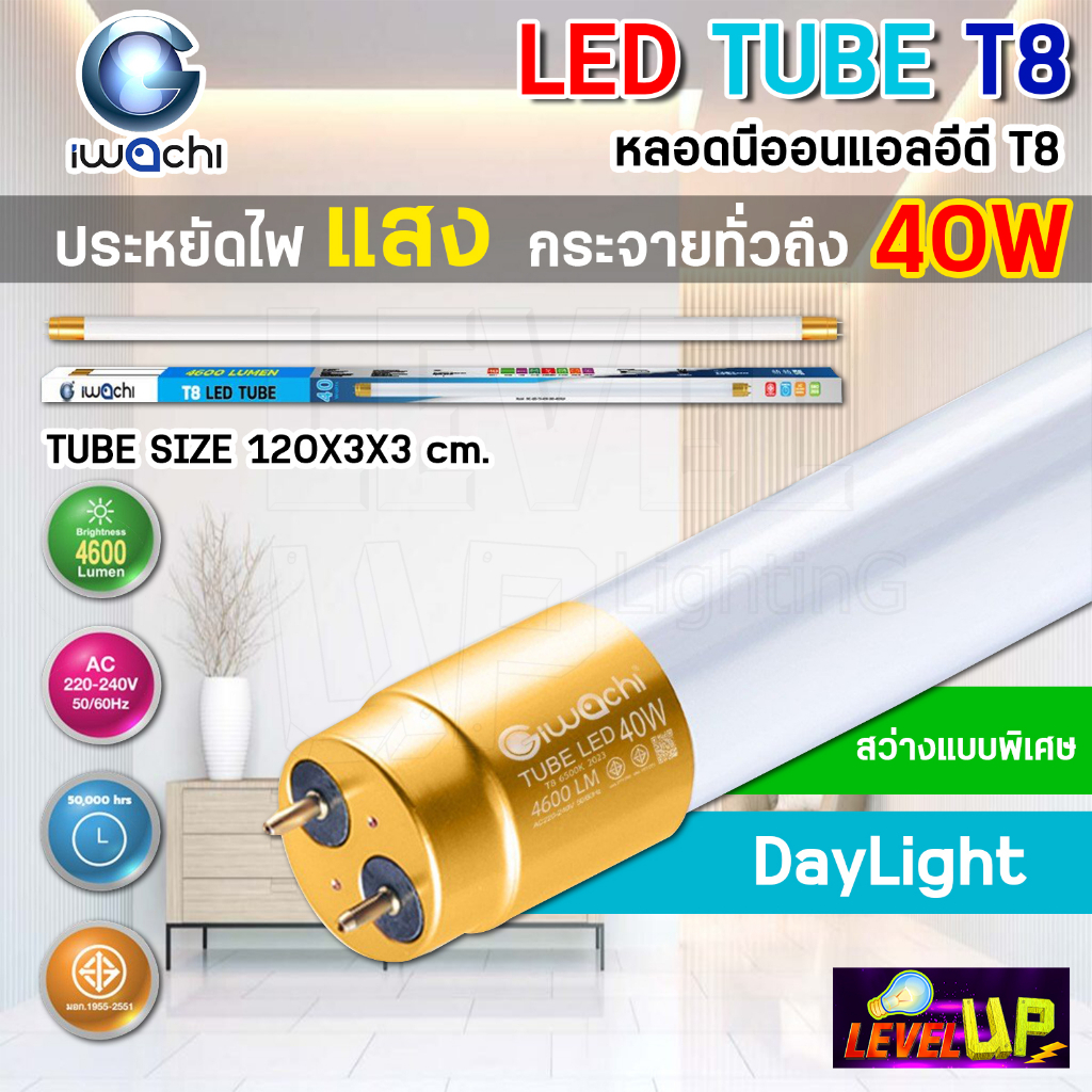 IWACHI หลอดไฟนีออน หลอดประหยัดไฟ LED TUBE T8 40W  ขั้วสีทอง หลอด LED ยาว สว่างเต็ม 4,600 LM หลอดไฟยาวแสงสีขาว DAYLIGHT