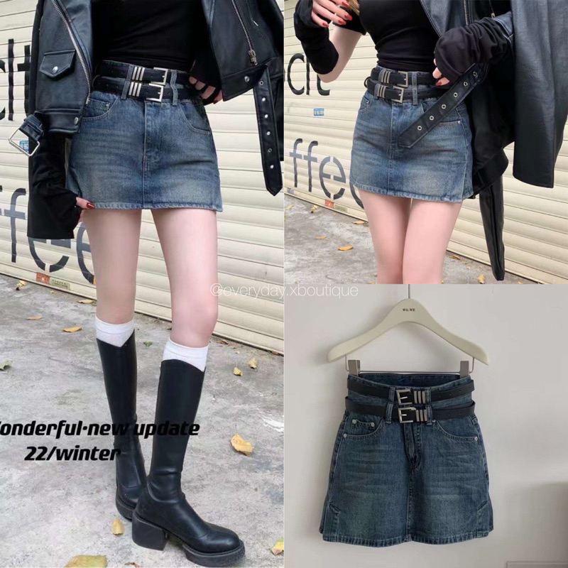 DOUBLE BELT DENIM SKIRT💙(S,M,L 490฿ฟรีส่ง) มาแรงมากก!! กระโปรงยีนส์สั้นเอวสูง มาพร้อมเข็มขัด2เส้น สไ