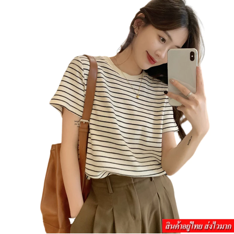 NINGFASHION เสื้อยืดเเขนสั้นผู้หญิงลายริ้ว รุ่น W9937