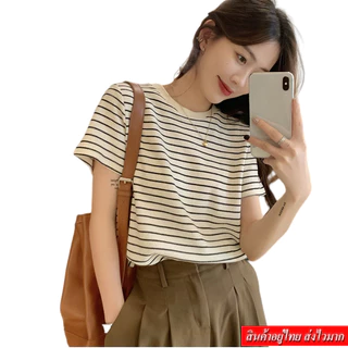 NINGFASHION เสื้อยืดเเขนสั้นผู้หญิงลายริ้ว รุ่น W9937