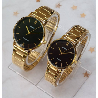 นาฬิกาคู่รัก Casio แท้100% รุ่น MTP-VT01G-1B , LTP-VT01G-1B สายสแตนเลสสีทองหน้าปัดดำ สไตล์เรียบหรู สินค้าของแท้ รับประกัน1ปี