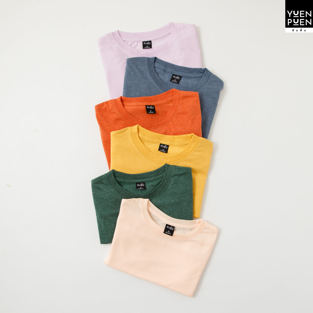 YuenPuen ยืนพื้น เซตเสื้อยืดคอกลมแขนสั้น สีม่วง ฟ้าคราม ส้มอิฐ มัสตาร์ด เขียว สีส้มอ่อน 1 เซต 6 ตัว