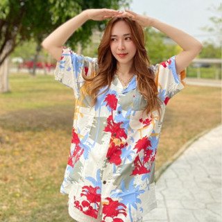 เสื้อฮาวาย เสื้อเด็ก เสื้อครอบครัว เด็ก&amp;ผู้ใหญ่ Hawaiian aloha Shirts (มะพร้าว คัลเลอร์ฟู พื้นขาว)
