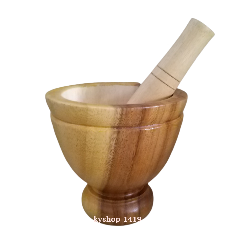 ครกไม้ พร้อมสาก เกรด A ครกไม้ส้มตํา ขนาด 6-9 นิ้ว ผิวเรียบเนียน ไม่มีตาไม้ สีเหลืองลายเนื้อไม้ธรรมชาติ ครกตำน้ำพริก - รูปที่ 5