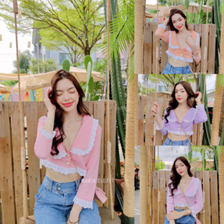 🌈 Pastel Crop🌈  ✨เชิ้ตครอปลายสก๊อต ตกแต่งลูกไม้เกาหลี มาพร้อมกระดุมมุกรูปหัวใจ