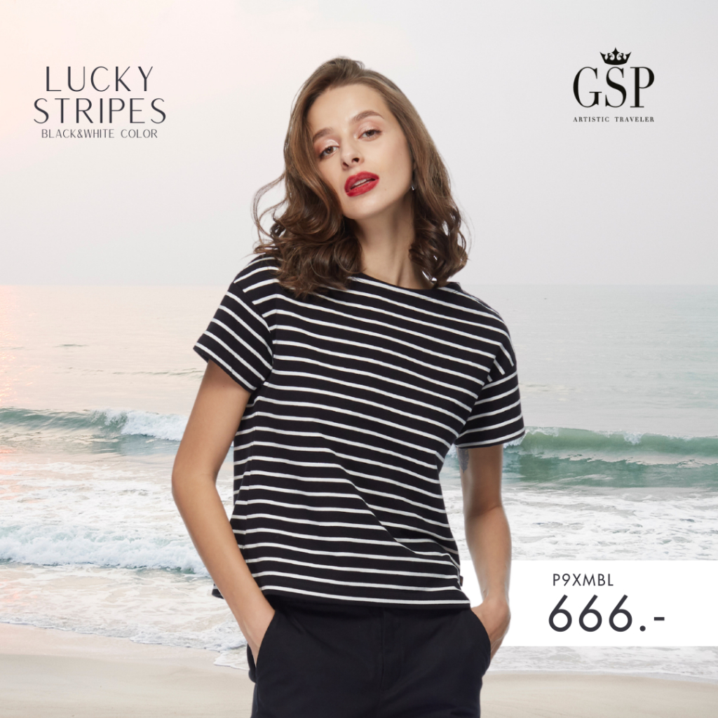 GSP woman's Tee shirt Lucky stripes เสื้อยืด แขนสั้น สีดำริ้วขาว P9XMBL