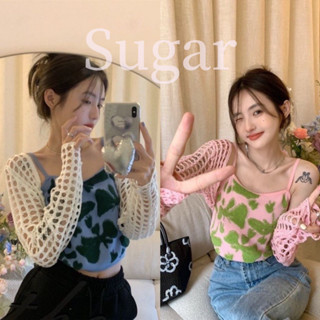 Sugar🌈พร้อมส่ง🌈ชุดเซ็ต เสื้อสายเดี่ยว+เสื้อคลุม สายเดี่ยวไหมพรม คลุมตาข่ายแขนยาว(71016)