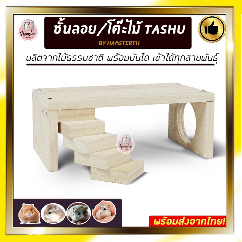 [Hamsterthailand] ชั้นลอยพร้อมบันได ไม้หนารุ่นใหม่‼️ Tashu บ้านหลบ บันไดไม้  โต๊ะไม้ บ้านแฮมสเตอร์
