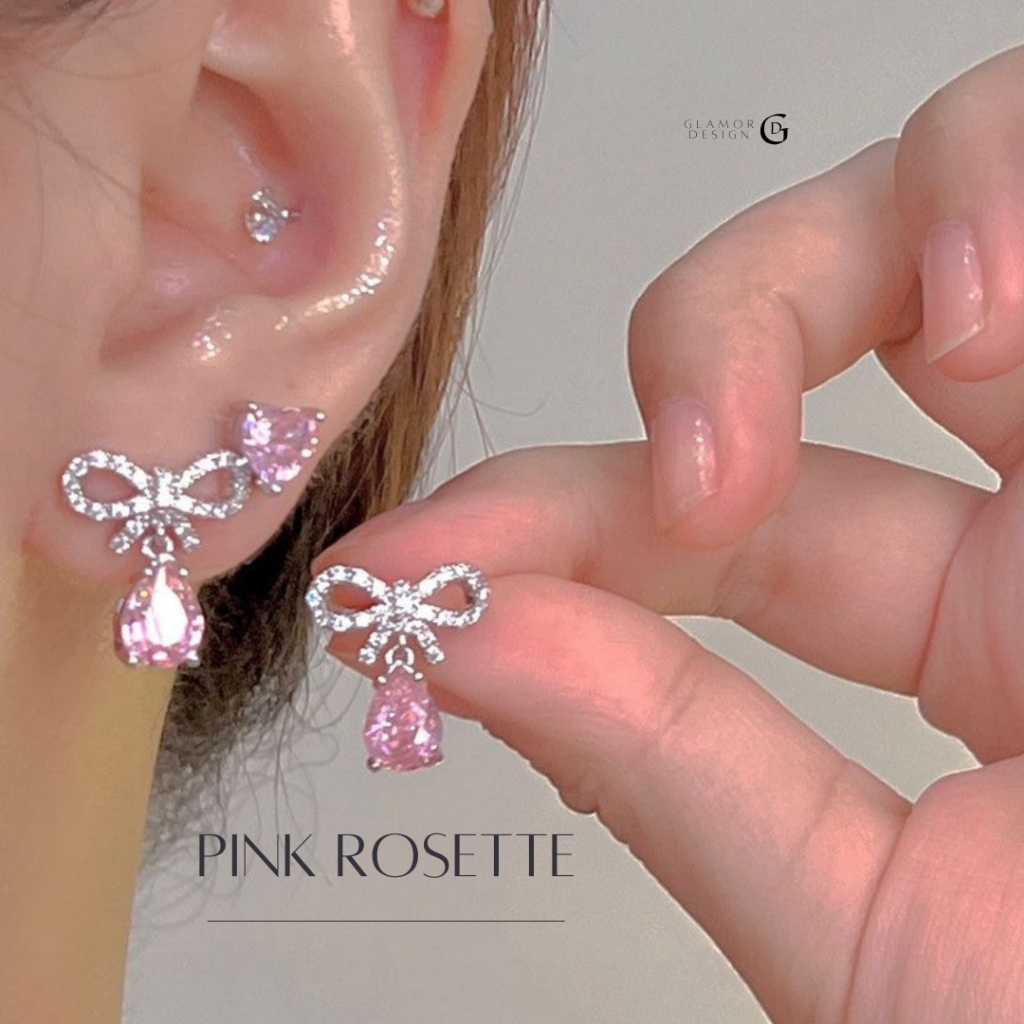 GLAMOR ต่างหูพลอย Pink Rosette ต่างหูรูปโบว์ ต่างหูหัวใจ ต่างหูเงินแท้ ต่างหูเพชร ต่างหูผู้หญิง