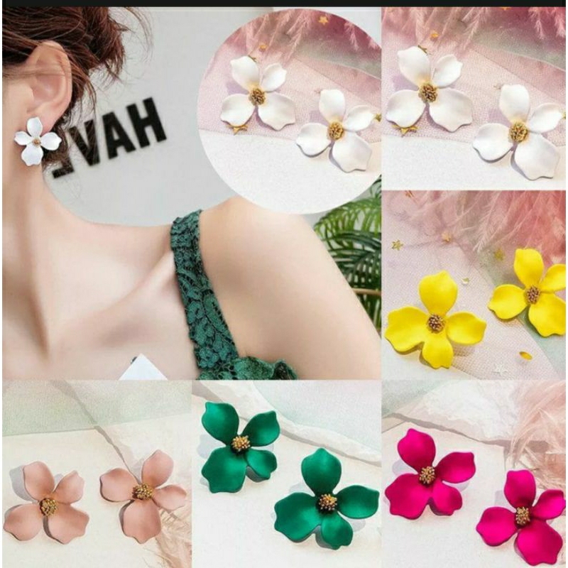 พร้อมส่ง ต่างหูดอกไม้ ก้านเข็มเงินไม่แพ้ ต่างหูย้อนยุค ตุ่้มหูก้านเงินS925 สีสดใส สีเขียว แดง เหลือง ขาว ชมพู