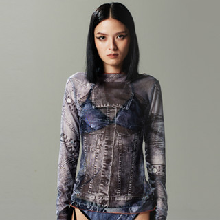 BLACKDOG BKK-SS2316-jeans print top-เสื้อแขนยาวตาข่ายยืดซีทรูพิมพ์ลาย