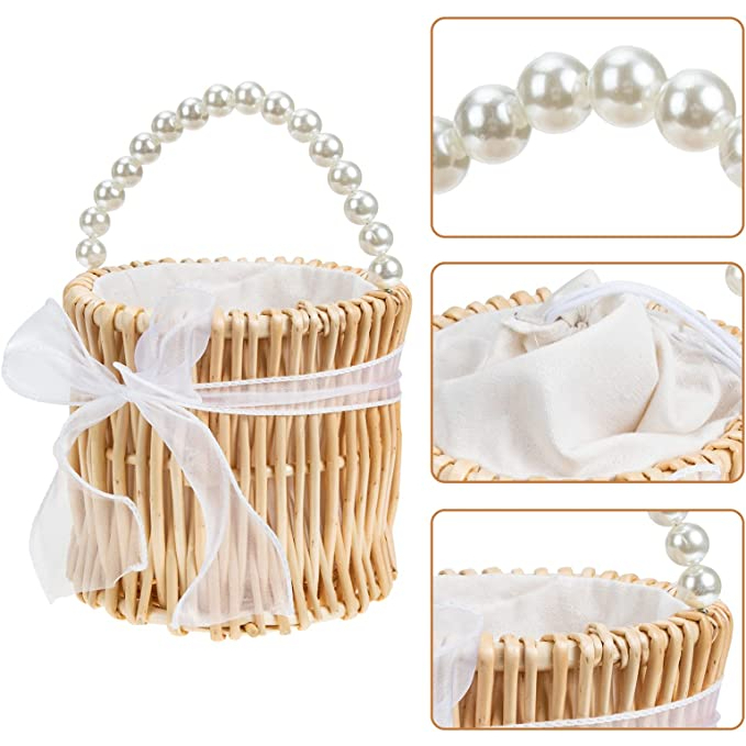 กระเป๋าสาน หูหิ้วประดับด้วยมุก Pearl Beaded Bow พรอพเที่ยวกระเล