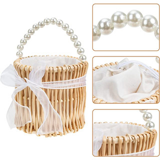 กระเป๋าสาน หูหิ้วประดับด้วยมุก Pearl Beaded Bow พรอพเที่ยวกระเล -มีพร้อมส่ง-