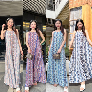 maxi dress ชุดเดรสอัดพลีท พิมพ์ลาย เดรสยาวใส่เที่ยว