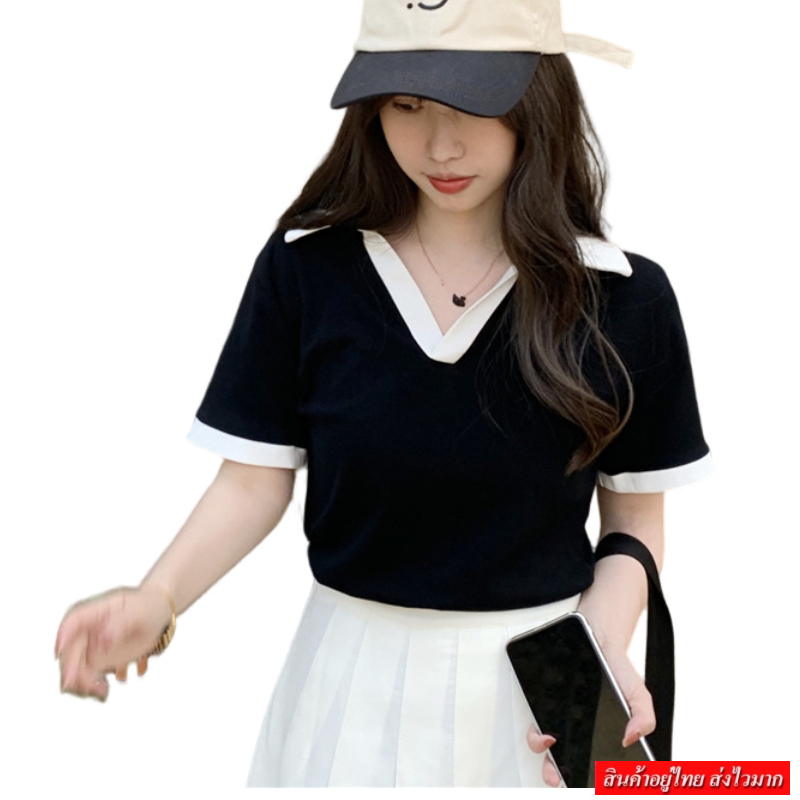 NINGFASHION เสื้อครอปตัวสั้นคอปกสำหรับผู้หญิง รุ่น W9920