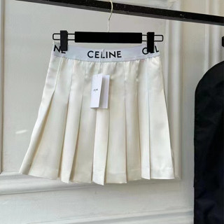 CELINE กระโปรง จีบรอบ เอวแต่งแถบตัวหนังสือ ใส่เบา สบาย ไม่ร้อน สีขาว แบบลิซ่า ซีลีน เซลีน