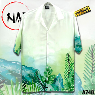 เสื้อฮาวาย ใบไม้แถบล่าง A748 ผ้าไหมอิตาลีแท้